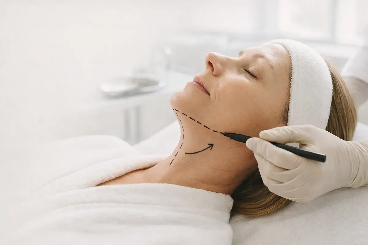 Chin liposuction surgical marking on neck before cosmetic surgery procedure