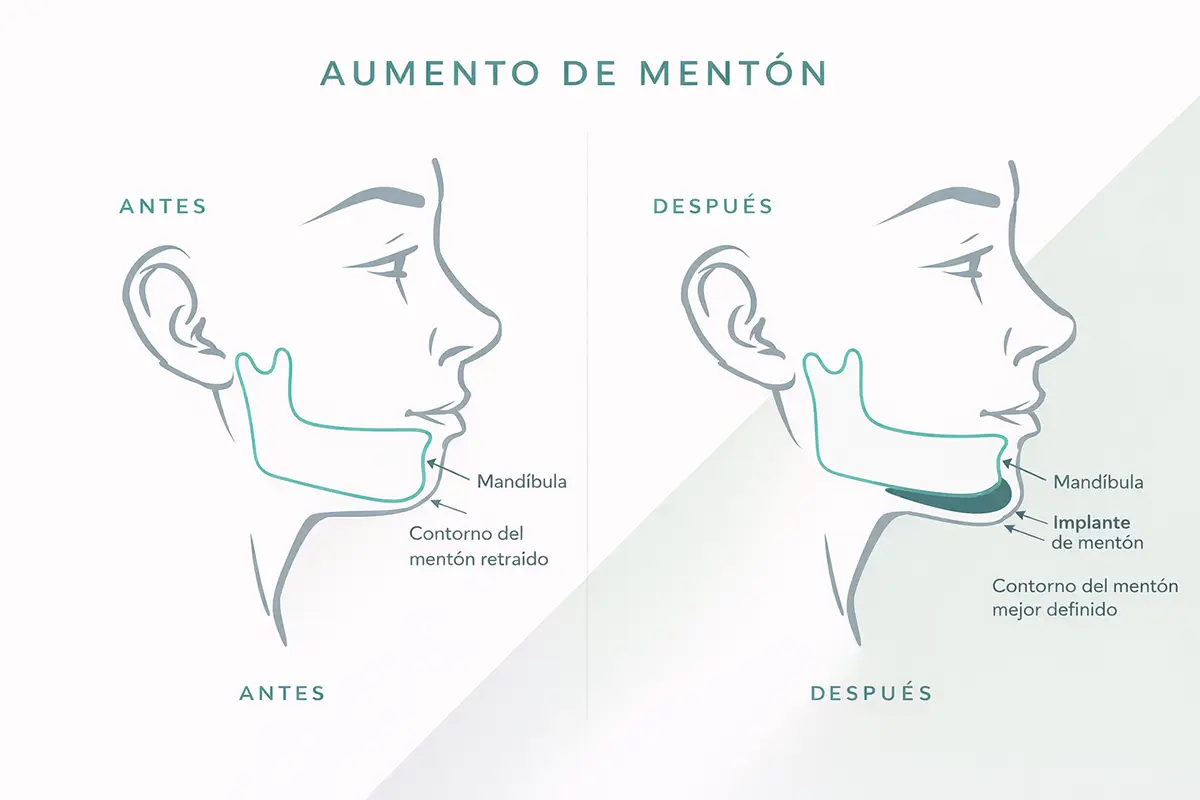 Ilustración de cirugía de aumento de mentón con implante realizada por cirujano plástico en Cancún antes y después